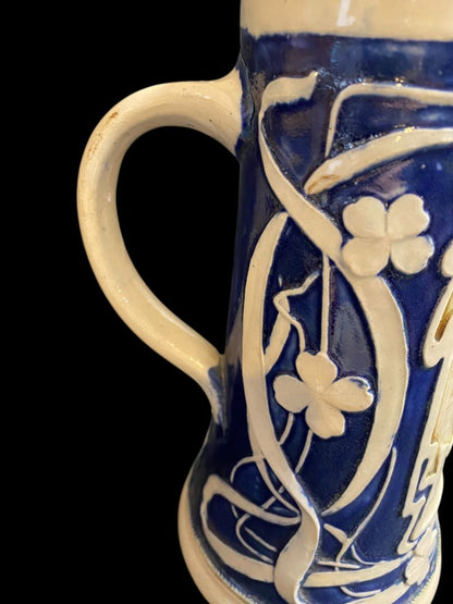 Vintage German Beer Stein Cobalt Stoneware Bier Und Scene in Relief