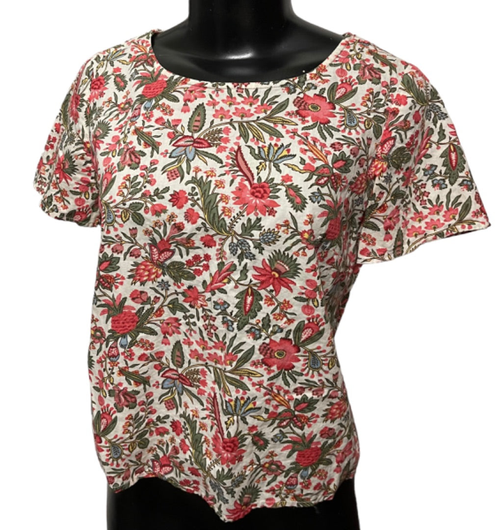 XS Madewell Floral Cotton Short Sleeve Pullover Petal Back Blouse