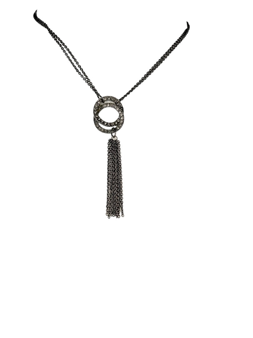Pewter Color Dual Chain 17" Necklace with Tassel