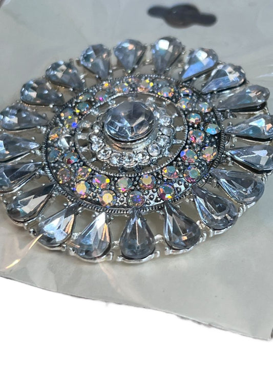 NEW Silver Tone Rhinestone EsMor Statement Flower Brooch Round