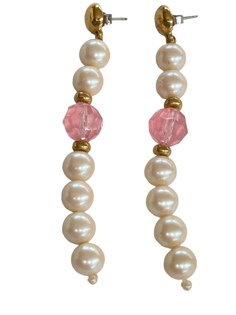 Vintage 3" Dangle Drop Earrings Post Pierced Faux Pearl Pink Beads