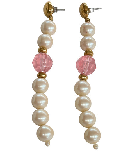 Vintage 3" Dangle Drop Earrings Post Pierced Faux Pearl Pink Beads