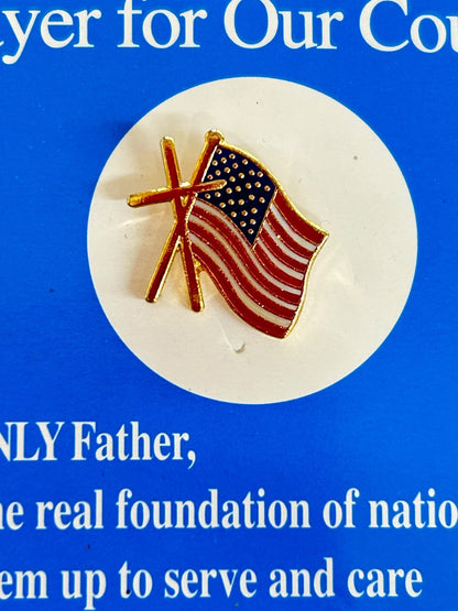 American Flag Lapel Pin Cross on Prayer Card  "Prayer for Our Country