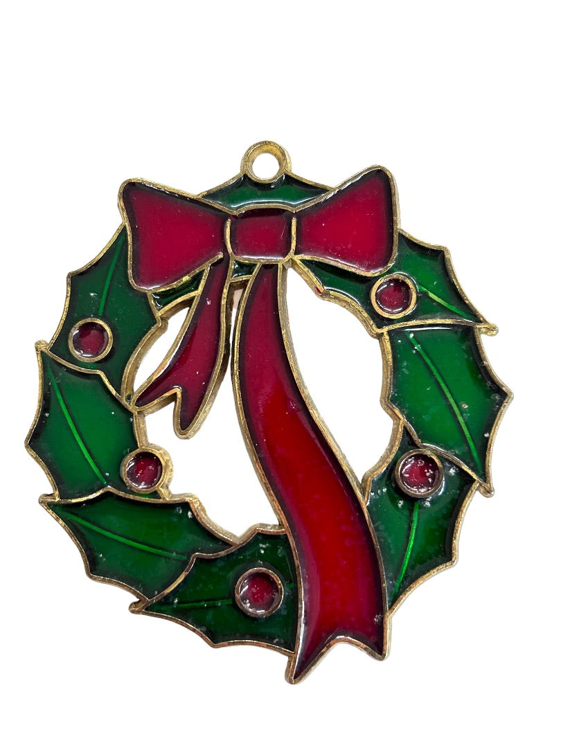 Set of 3 Stained Glass Holiday Ornaments Snowman Candy Cane Wreath