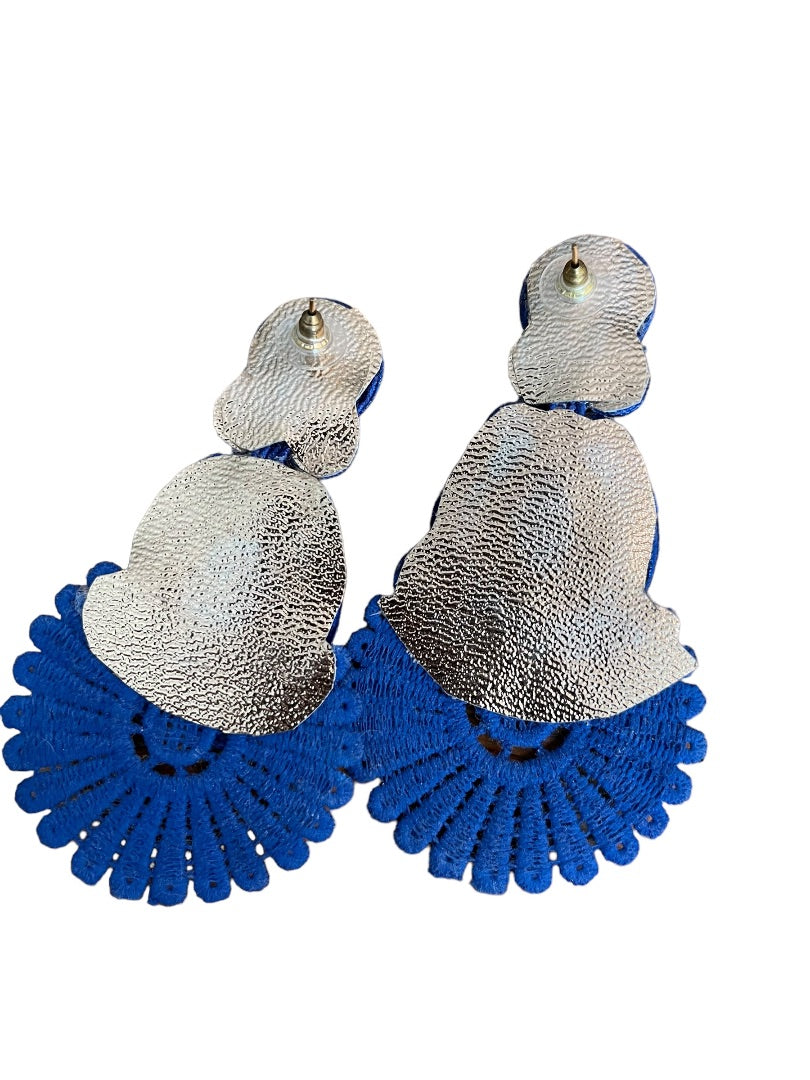 Soutache Post Pierced Statement Flat Ribbon Earrings Royal Blue 3.75"