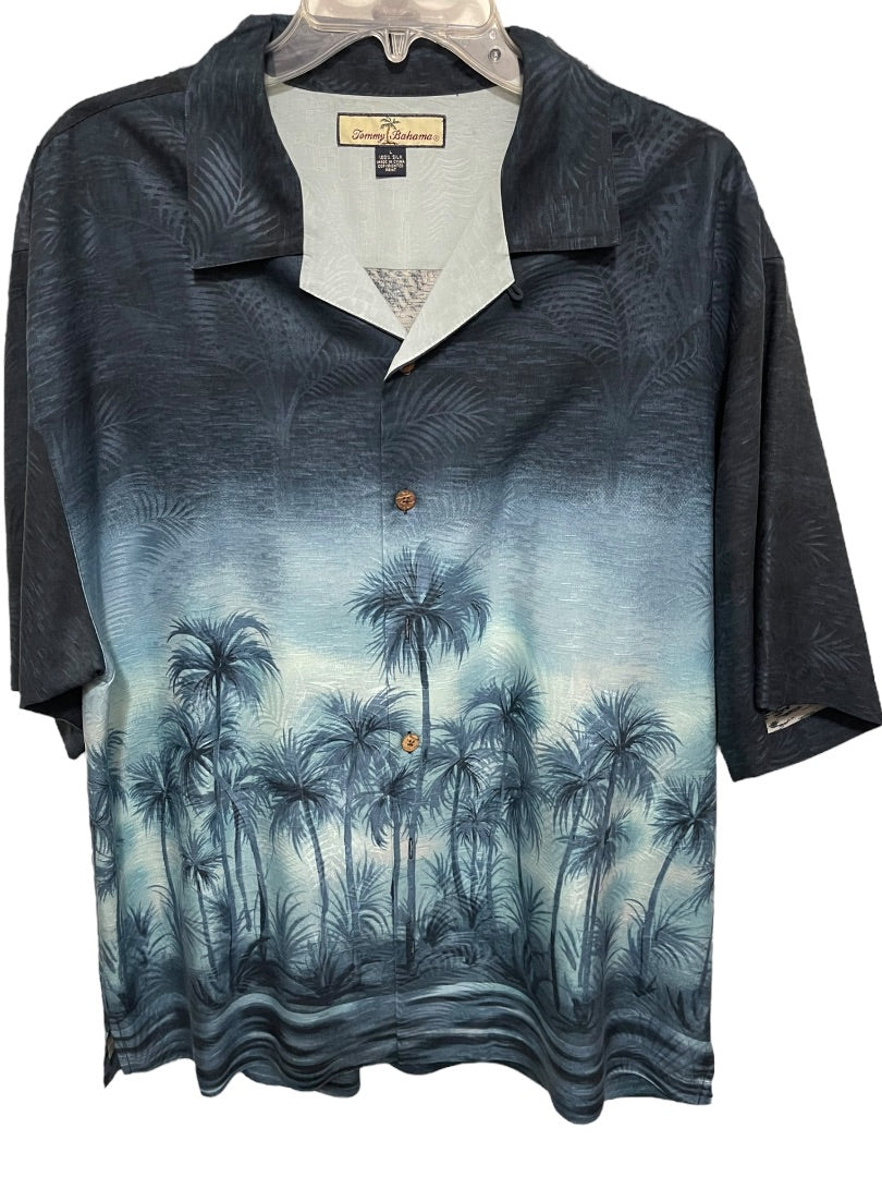 Large Tommy Bahama 100% Silk Button Up Short Sleeve Palm Tree Shirt Blue