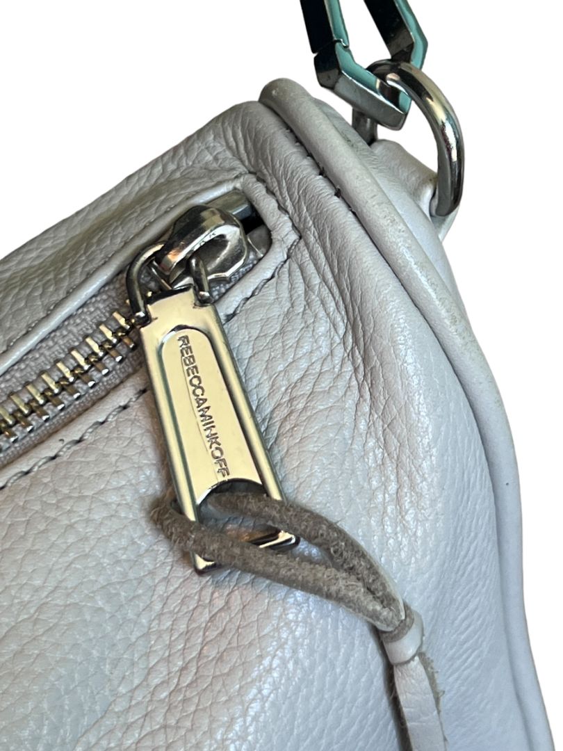 Rebecca Minkoff Lt Gray Leather Crossbody Purse Silver 4 Zip Accent Chain Strap Tassle Handbag