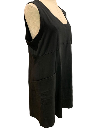 XL Eileen Fisher New Black  Organic Cotton Stretch Jersey Dress Pockets Sleeveless A-Line