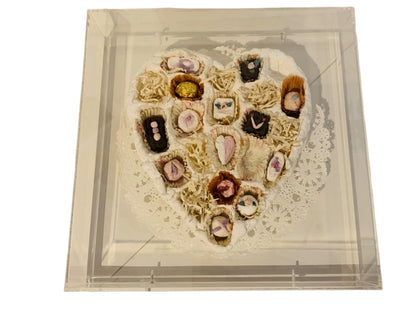 Barbara Kirschner Paper Sculpture Heart Candy Acrylic Shadowbox 1980s 12" Square