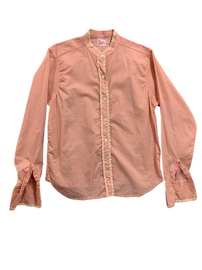 Medium Vintage 1950s Pink Button Up Shirt Lace Trim French Cuff