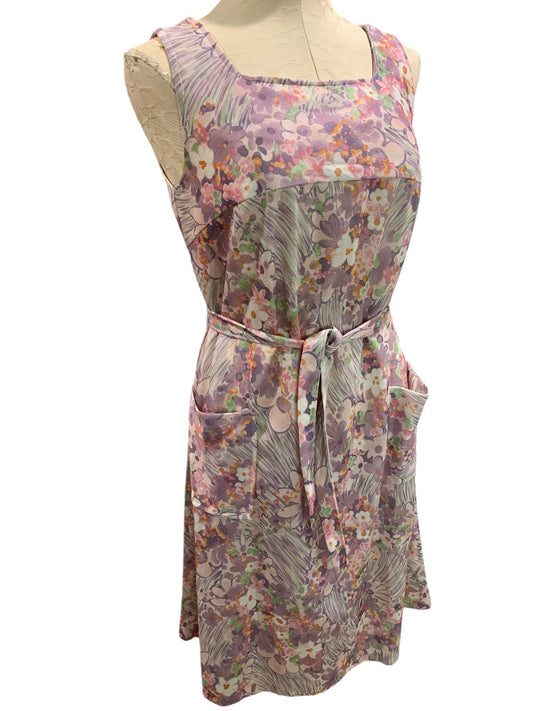 Large Vintage 1960s Polyester Shift Dress Pockets Belted Floral Purple