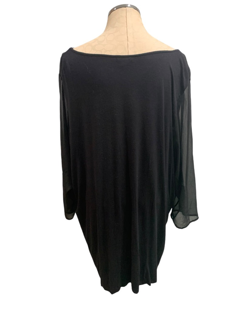 3X New Directions Curvy Soft Black V-Neck Pullover Top Shirt Sheer Sleeve Overlay