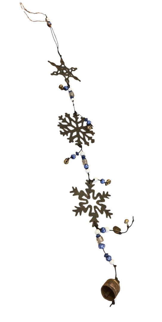 Rustic 3 Metal Snowflakes with Beads  Bells Windchime 24 Length