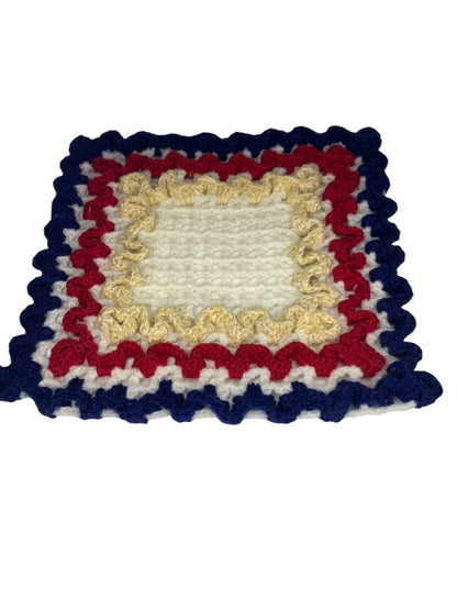 Vintage 1970s Handmade Crocheted Doily Red White Blue 9.5x10.5 Inches