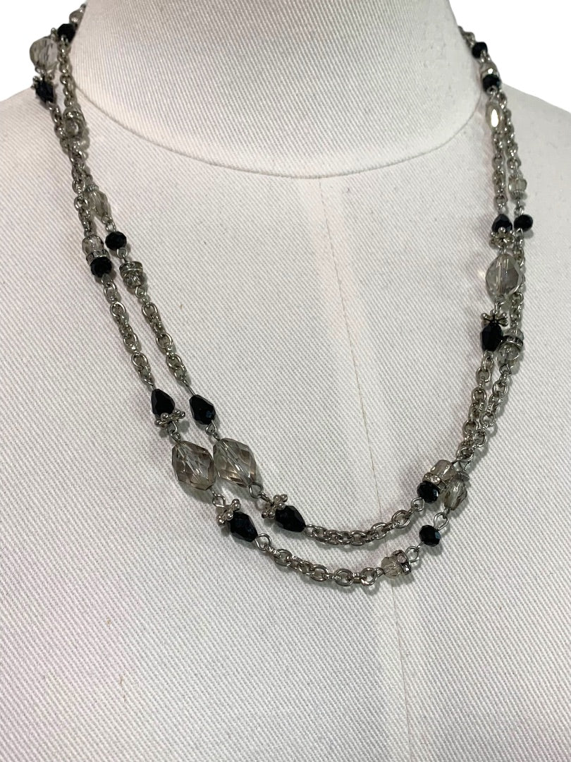 Long Strand String Necklace 42 Inches Silvertone Black Lobster Clasp