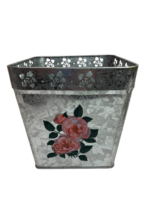 Square Galvanized with Embossed Roses Diecut Planter Vase Cottage 6 Inch New