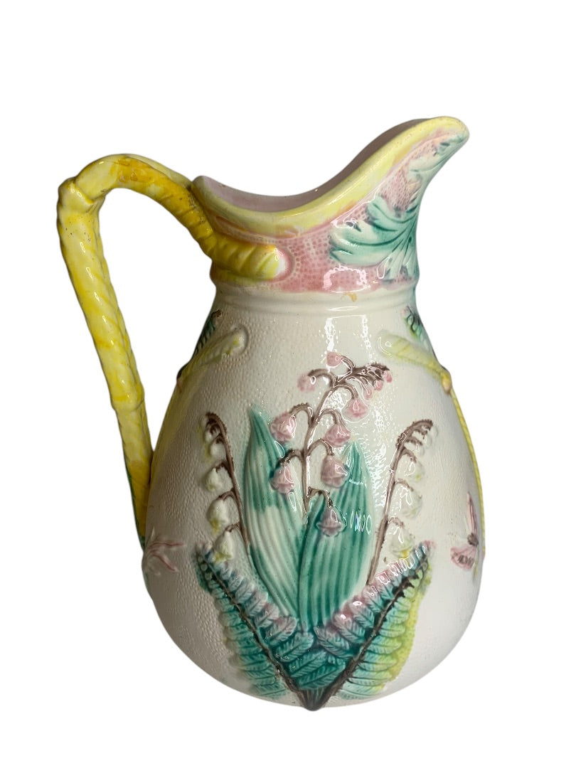 Antique Majolica Pitcher Pastel Butterfly Floral Fern 10.5 Inches