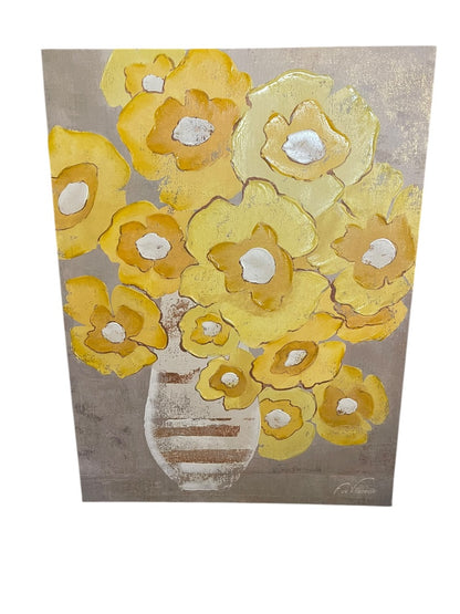 F. de Villeneuve Yellow Flowers in Vase Canvas Floral Wall Hanging