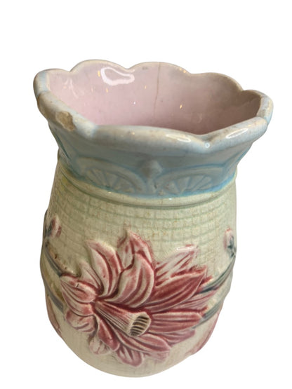 Antique Majolica Floral Vase 5.25 Inch Pink Blue Marked "H"