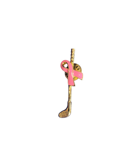 Goldtone Golf Club Lapel Pin Pink Ribbon Breast Cancer Awareness 1.75 Inches