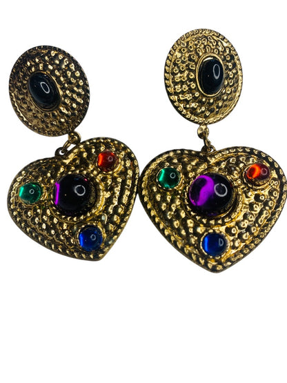 1980s Heart Goldtone Lightweight Earrings Post Pierced 2.3" Drop