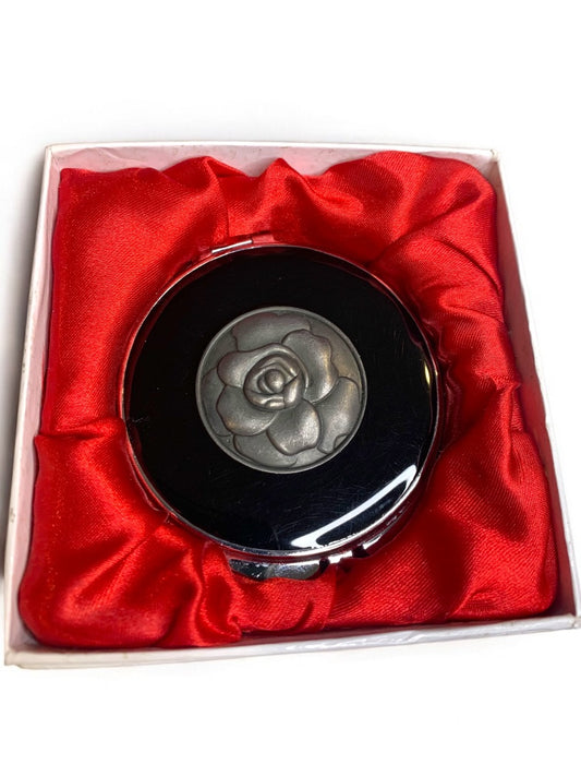 Macys Gothic Rose Mirrored Compact Silvertone Black Glass