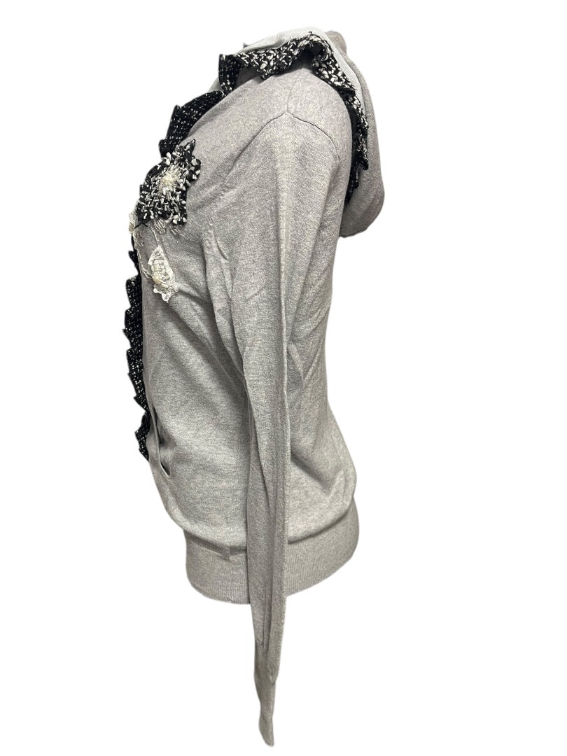 Large Charlotte Womens Gray Cardigan Sweater Hooded Cotton Rosettes