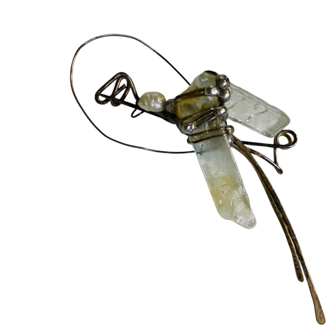 Quartz and Silvertone Handmade Artisan Brooch Pin Wire Wrap