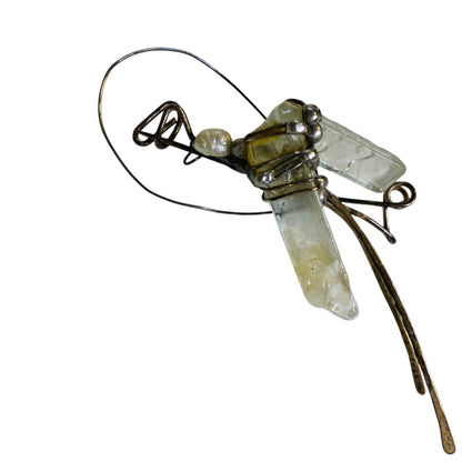 Quartz and Silvertone Handmade Artisan Brooch Pin Wire Wrap