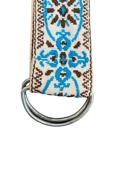 1970s Tapestry Womens Belt D-Ring Closure Teal Brown Pattern 1.75 Inch Width