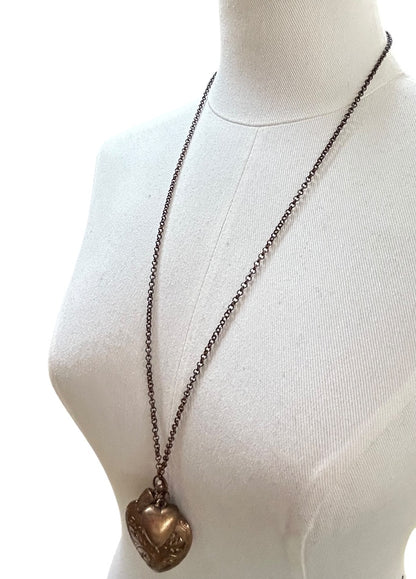 Copper Color Charm Necklace Overhead 29 Inch Chain Puffy Heart