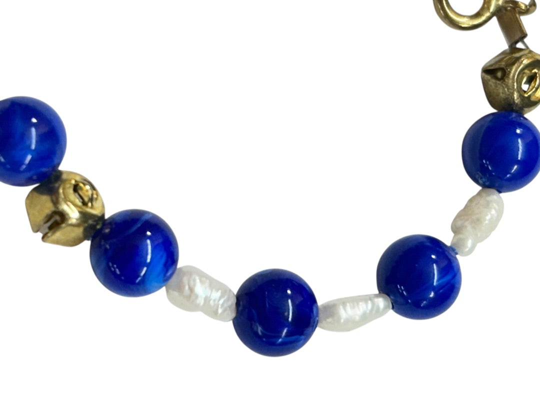 Blue and Freshwater Pearl 7 Inch Bracelet Goldtone Spring Clasp