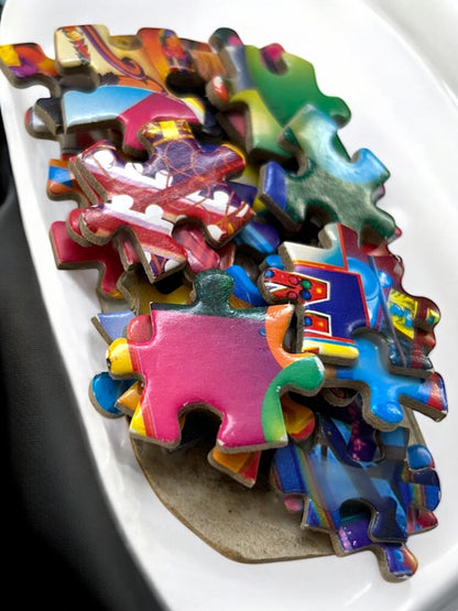 Handmade Brooch Puzzle Pieces 3.5" x 1" Bright Colorful Pin