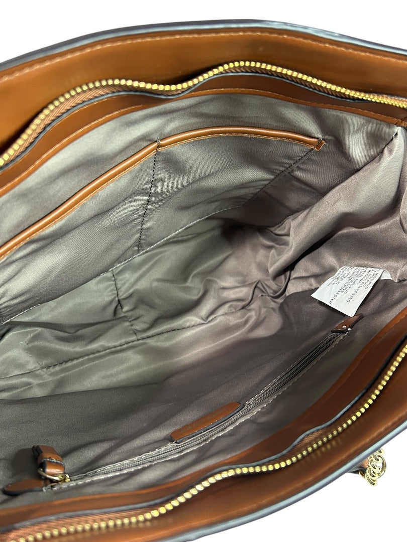 Anne Klein Tote Bag Brown Tan Monogram Chain Strap Purse Zip Pocket Logo