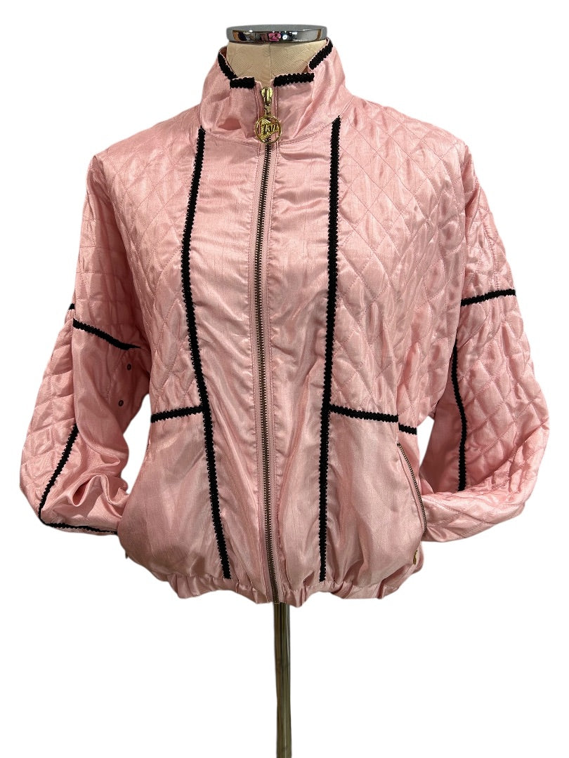 XS Tail Womens Track Jacket Pink Quilted Satin 80s Retro Zip Up Black Trim