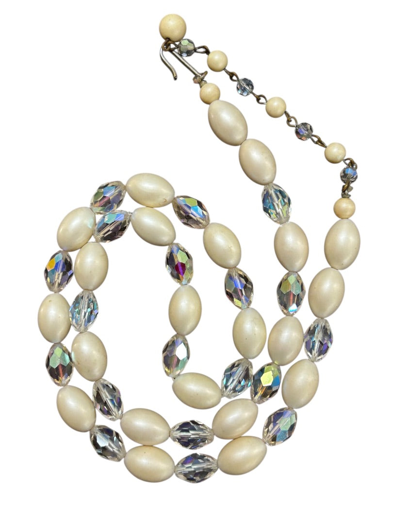 Vintage Faux Pearl Aurora Borealis 22-25 Inch Necklace Hook Closure