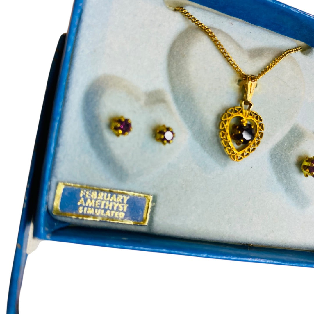 Vintage Simulated Amethyst Goldtone Necklace Earring Set New Old Stock Heart Stud