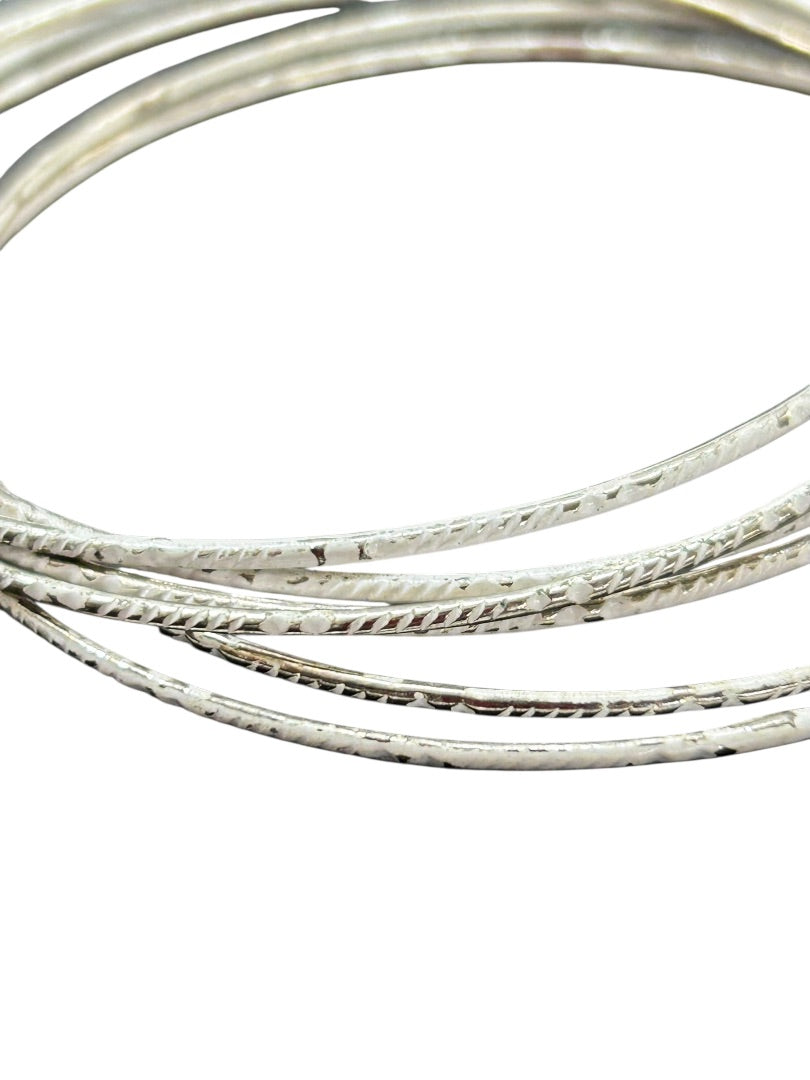 Set of 6 Silvertone Whitewashed Thin Bangle Bracelet 2.6 Inch Inside Diameter