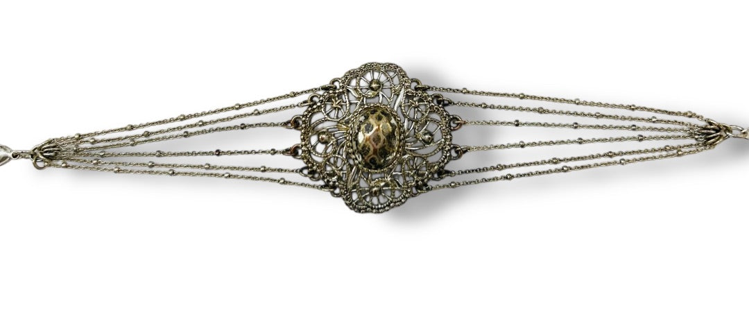 1960s Signed NRI Silvertone Bracelet Art Deco Inspired 7.25-8.5"