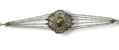 1960s Signed NRI Silvertone Bracelet Art Deco Inspired 7.25-8.5"