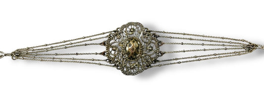 1960s Signed NRI Silvertone Bracelet Art Deco Inspired 7.25-8.5"