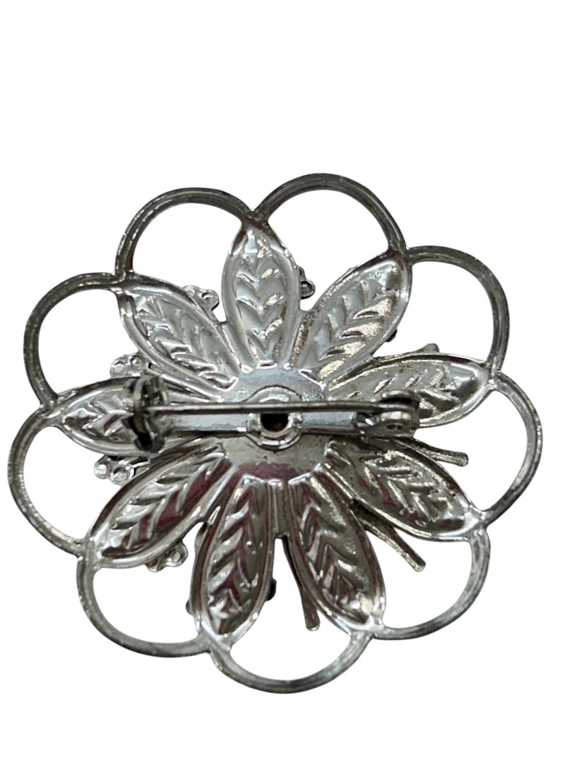 Silvertone Brooch Flower Shape Yellow Rhinestones 1.5 Inch Vintage