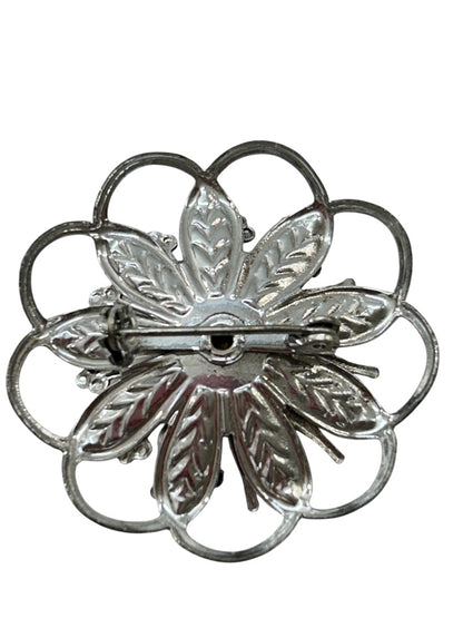 Silvertone Brooch Flower Shape Yellow Rhinestones 1.5 Inch Vintage