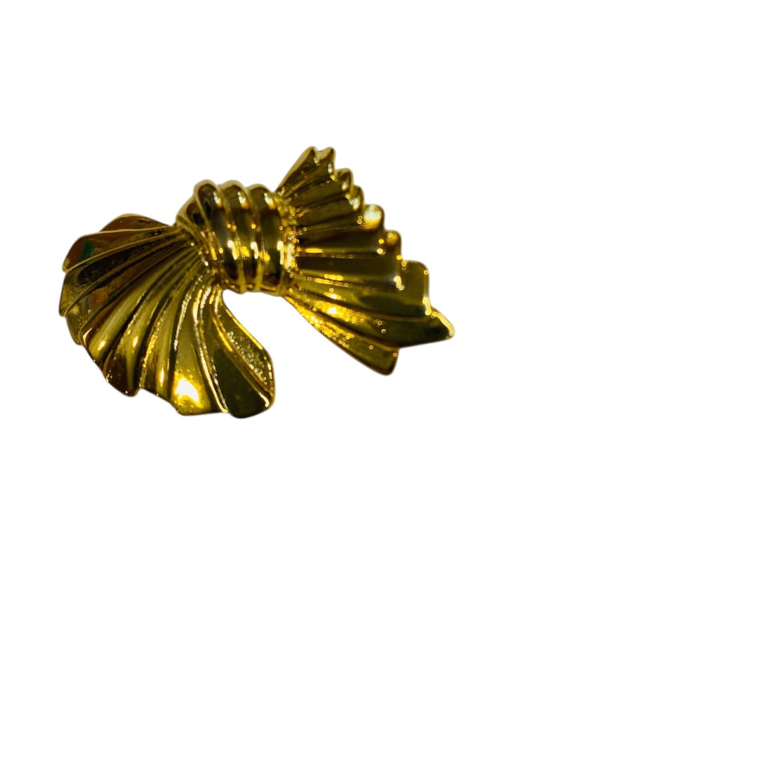 Goldtone Bow Brooch Pin Pleated 1" x 1.5" Costume Jewelry