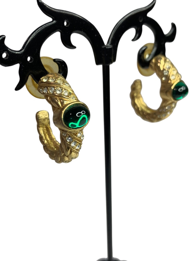 Goldtone Swarovski Hoop Pierced Post Earrings Green Crystal 1 Inch Drop