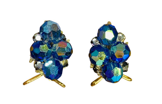 Wingback Earrings Blue Aurora Borealis Crystal Cluster Goldtone Pierced 1 Inch