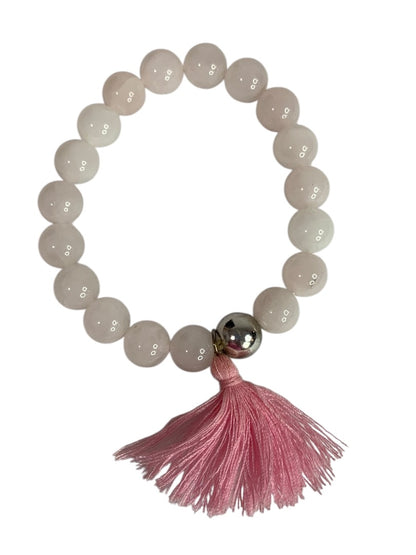 Stretch Blush Pink Stone Bracelet Tassel Silvertone Bead