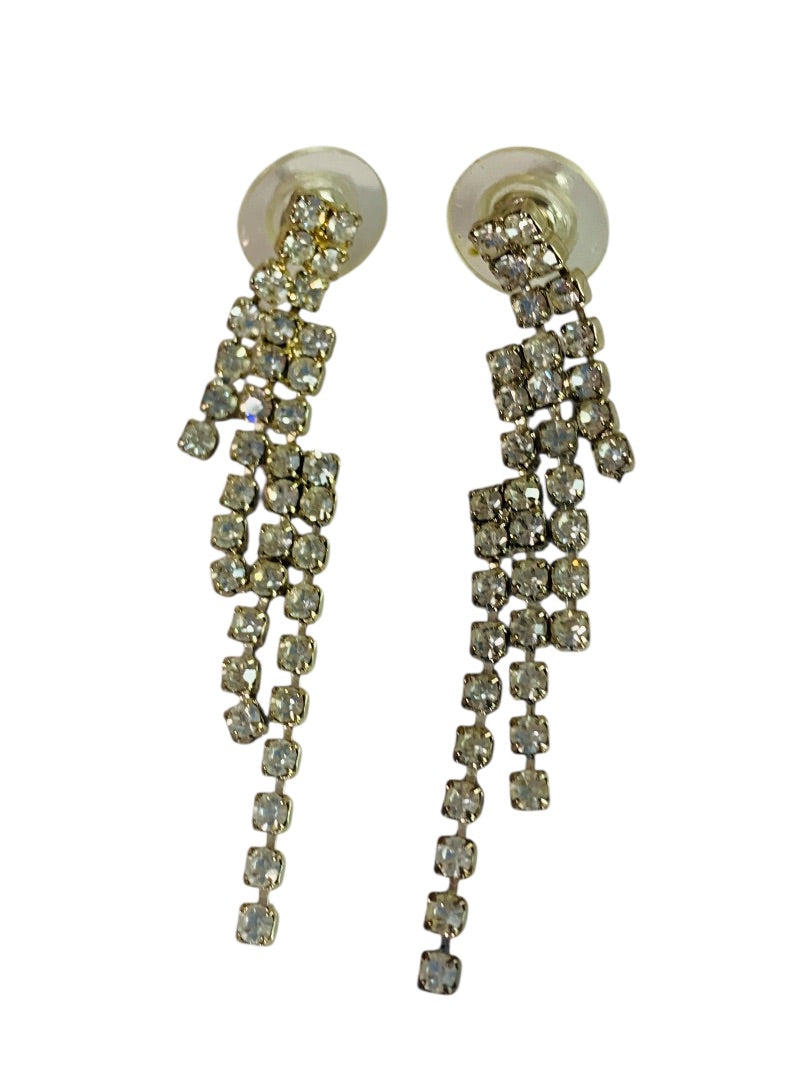 Vintage Silvertone Rhinestone Earrings Post Pierced Swag Movement 2" Drop