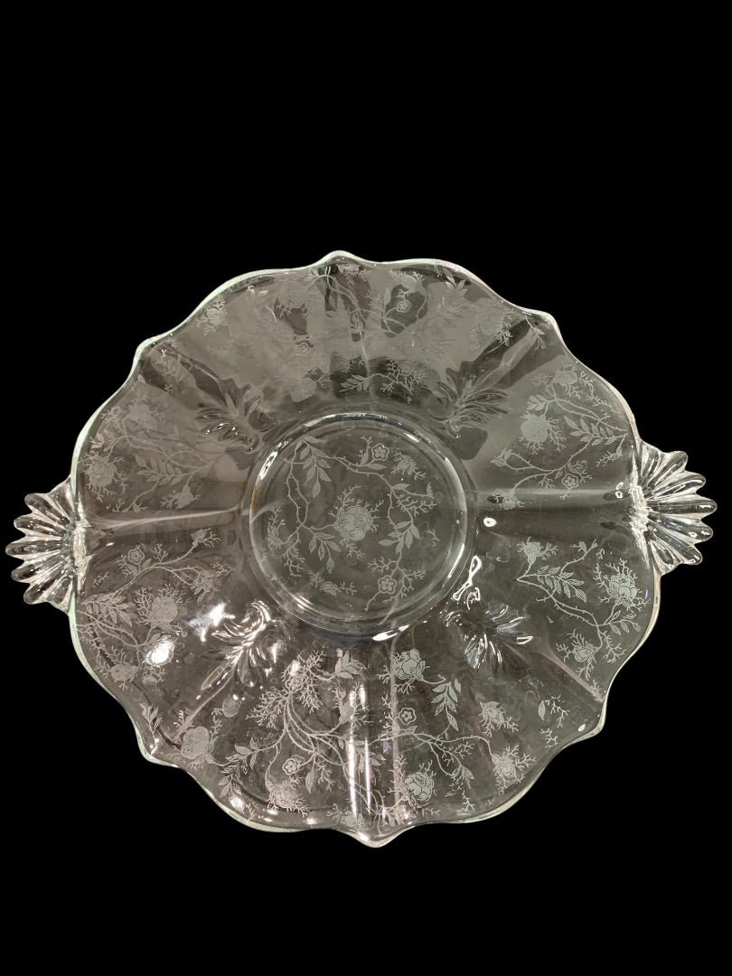 Fostoria Chintz Vintage Etched Glass Handled Cake Plate 10.25 Inch