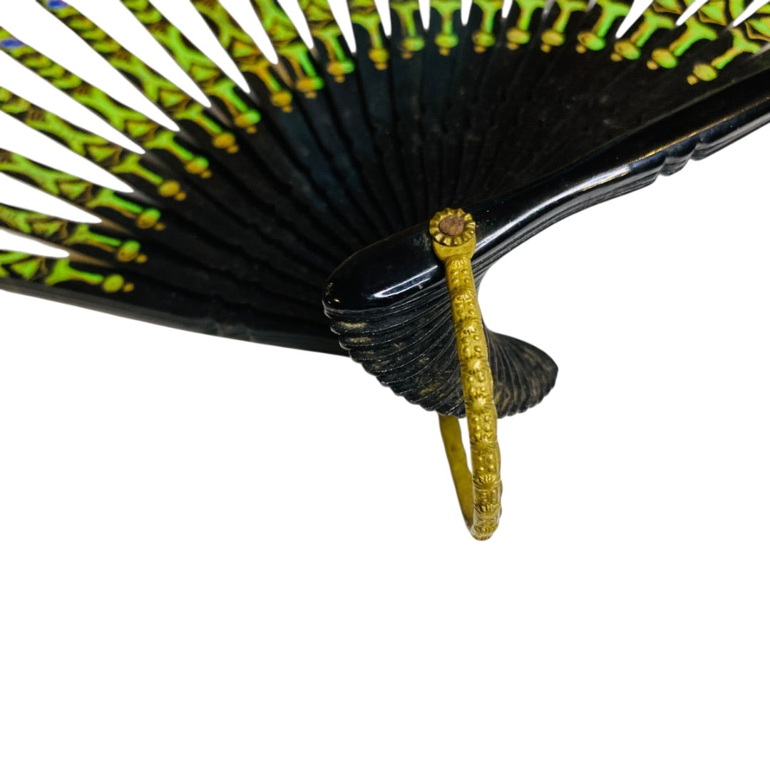 Vintage Hand Fan Vibrant Asian Paper Black Lacquer 10.5 Inch